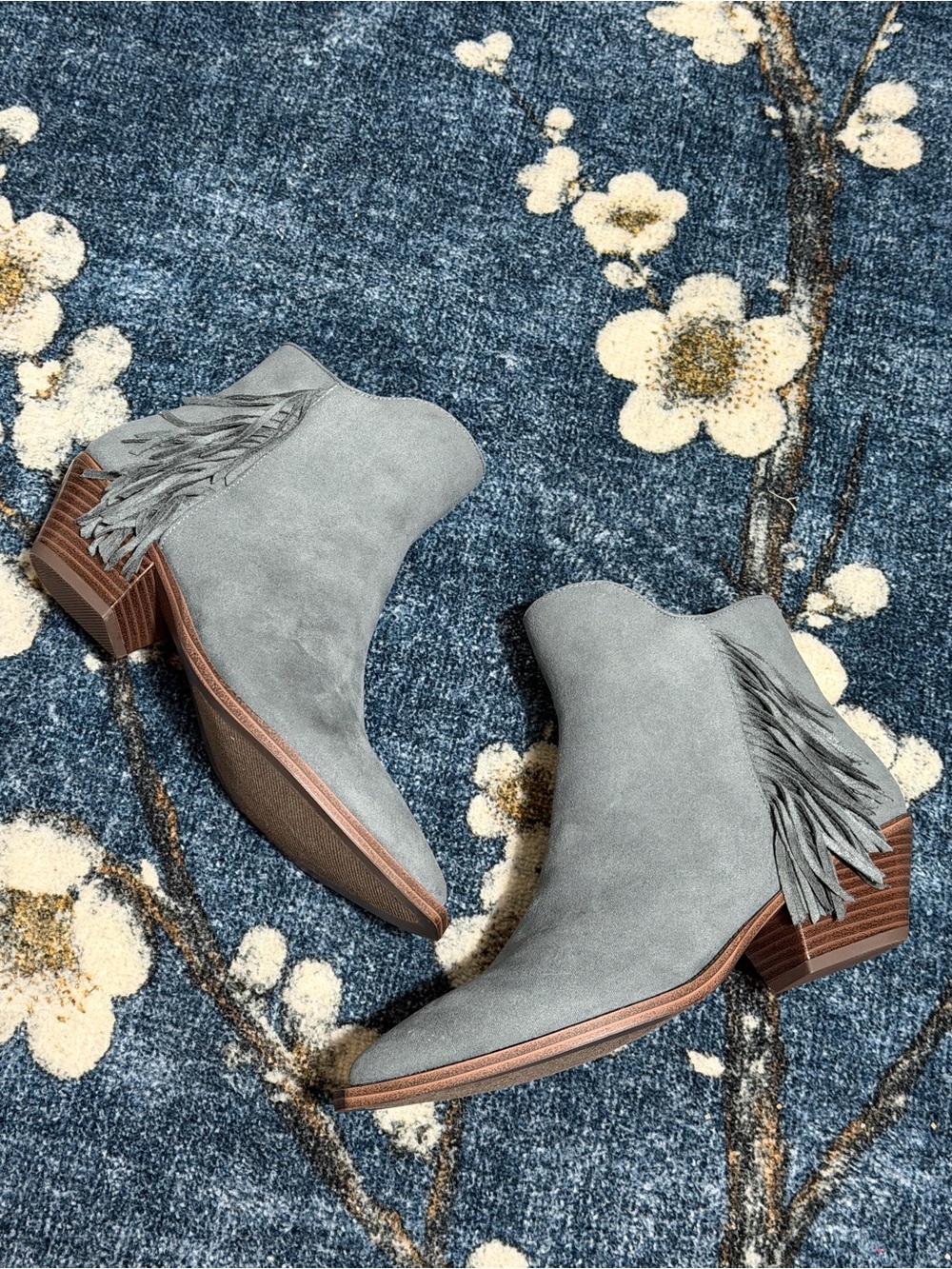 Fringe Suede Ankle Boots - Grey Blue